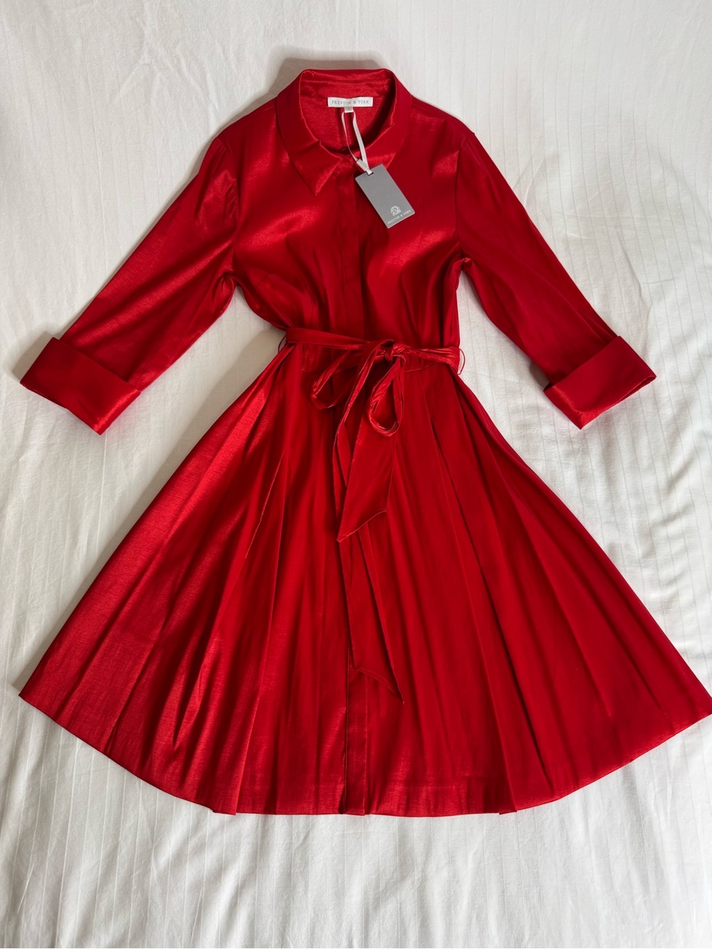 Preston & York Red Satin Midi Shirt Dress with Tie Waist